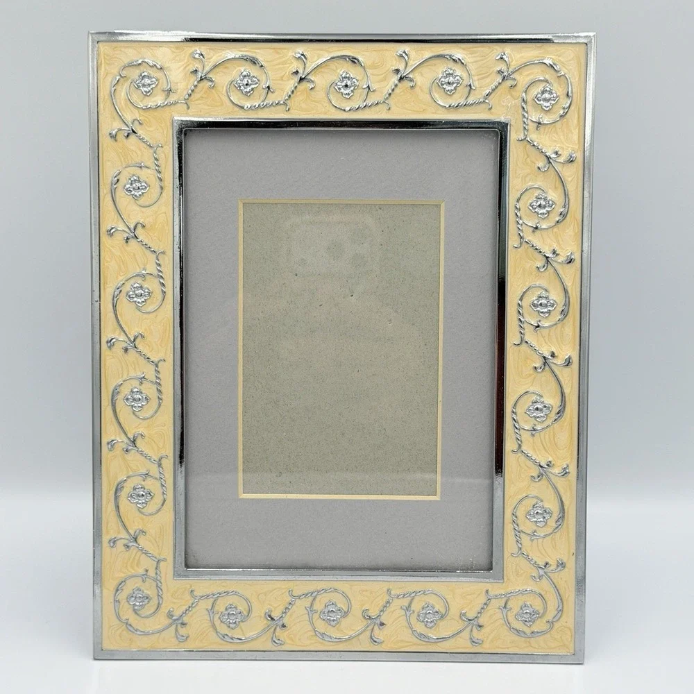 Silver Tone Yellow Enamel Floral Scroll Picture Frame 3x5 5x7 Ornate Cottage